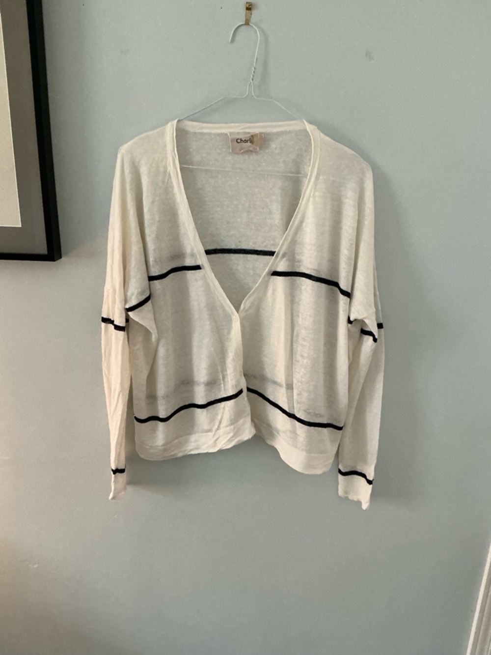 CHARLI Lightweight Linen Cream V-Neck Cardigan with Black Stripes. Size M